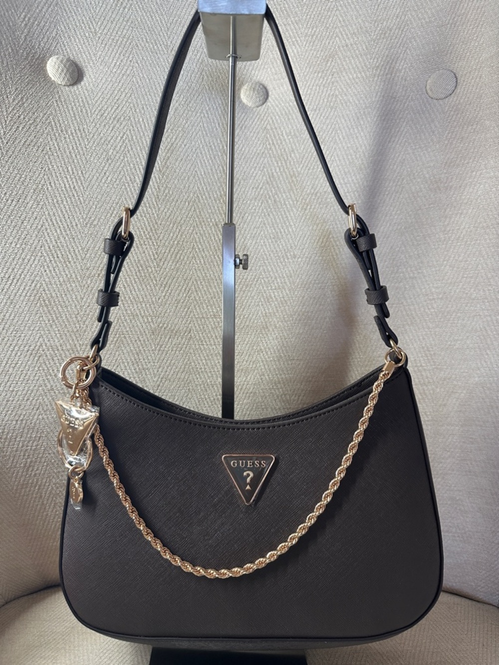 Guess Brown Shoulder Bag with Gold Chain and Logo Charm. NWT